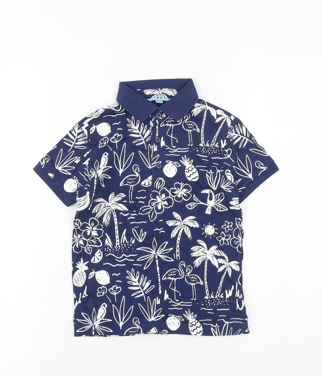 Marks and Spencer Boys Blue Geometric 100% Cotton Basic Polo Size 4-5 Years Collared Button - Palm Tree Print
