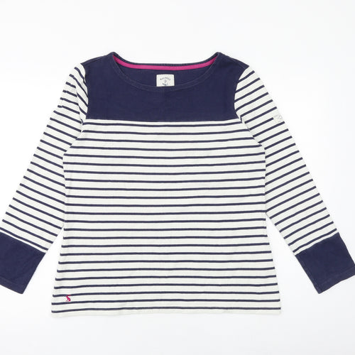Joules Womens White Striped 100% Cotton Basic T-Shirt Size 14 Round Neck