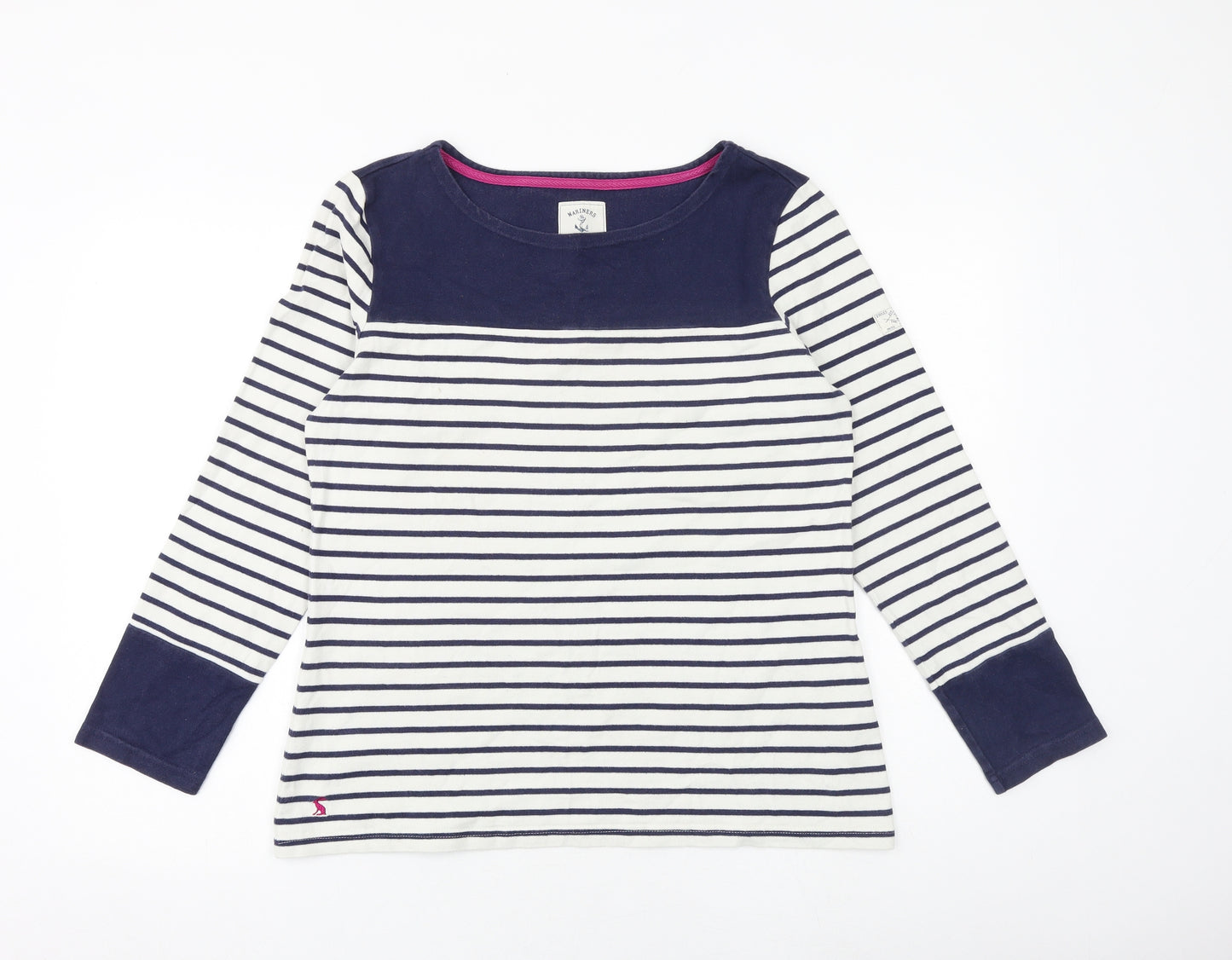 Joules Womens White Striped 100% Cotton Basic T-Shirt Size 14 Round Neck