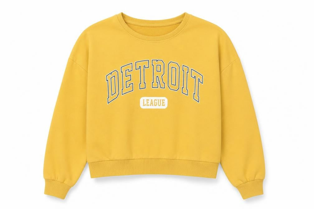 Front view of New Look women’s yellow cotton pullover sweatshirt, size UK 12, pullover - detroit league