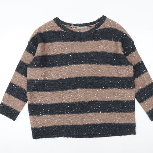 Marks and Spencer Womens Brown Round Neck Striped Acrylic Pullover Jumper Size 14