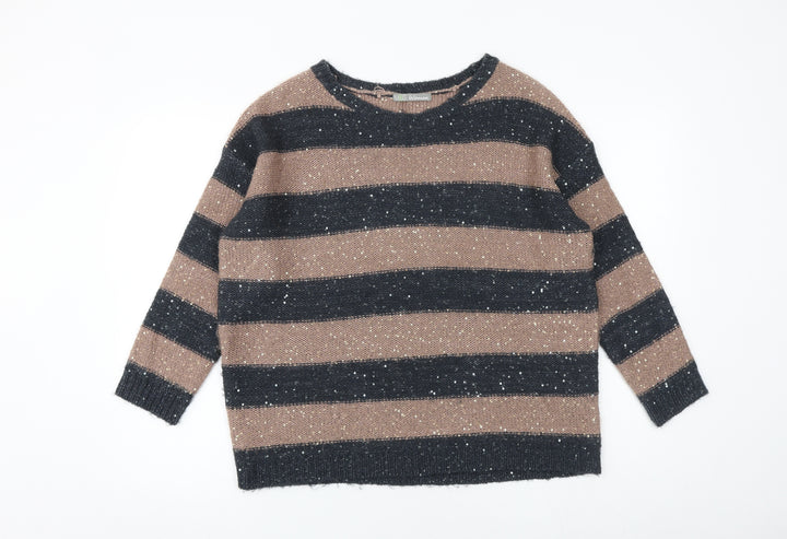 Marks and Spencer Womens Brown Round Neck Striped Acrylic Pullover Jumper Size 14