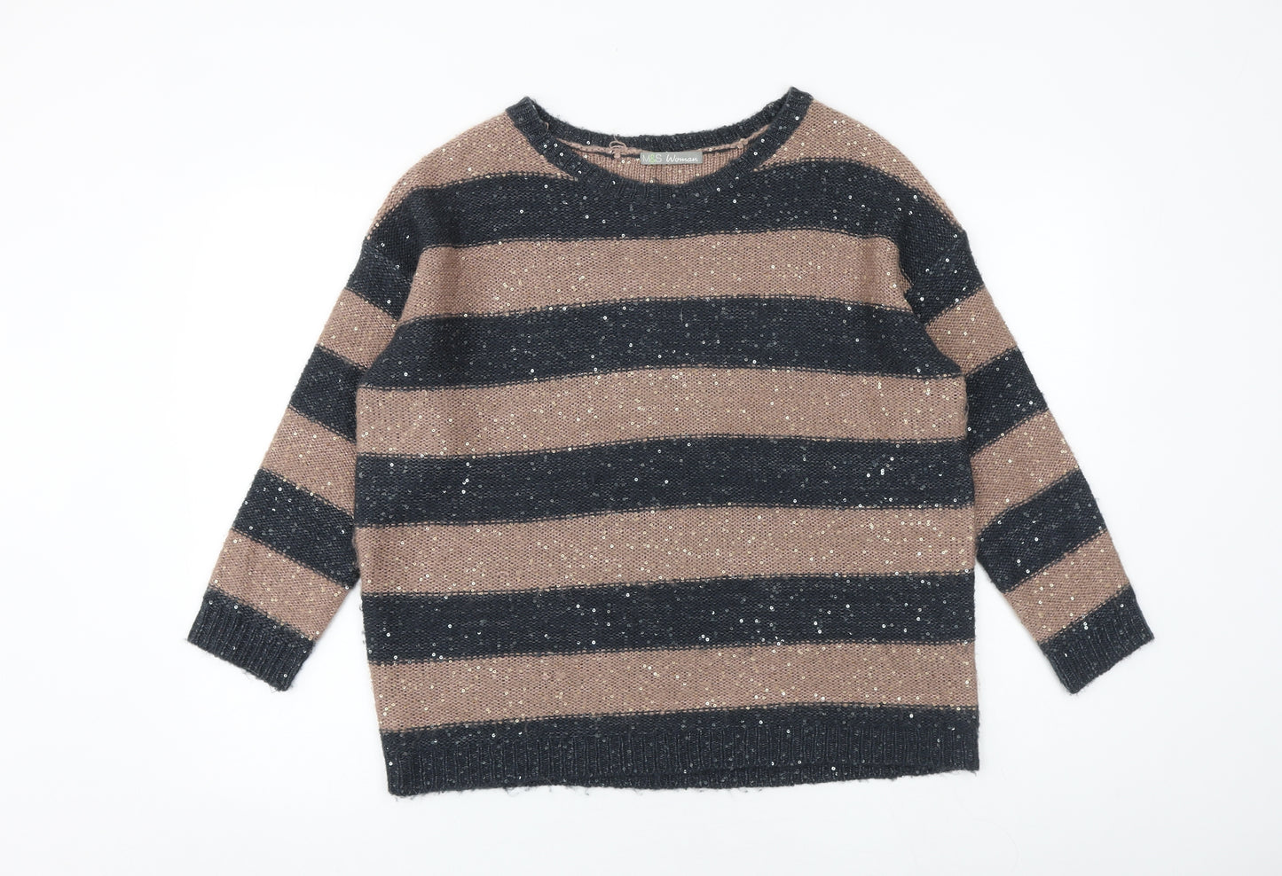 Marks and Spencer Womens Brown Round Neck Striped Acrylic Pullover Jumper Size 14