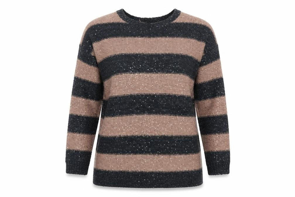 Front view of Marks & Spencer women’s brown round neck striped acrylic jumper, size UK 14
