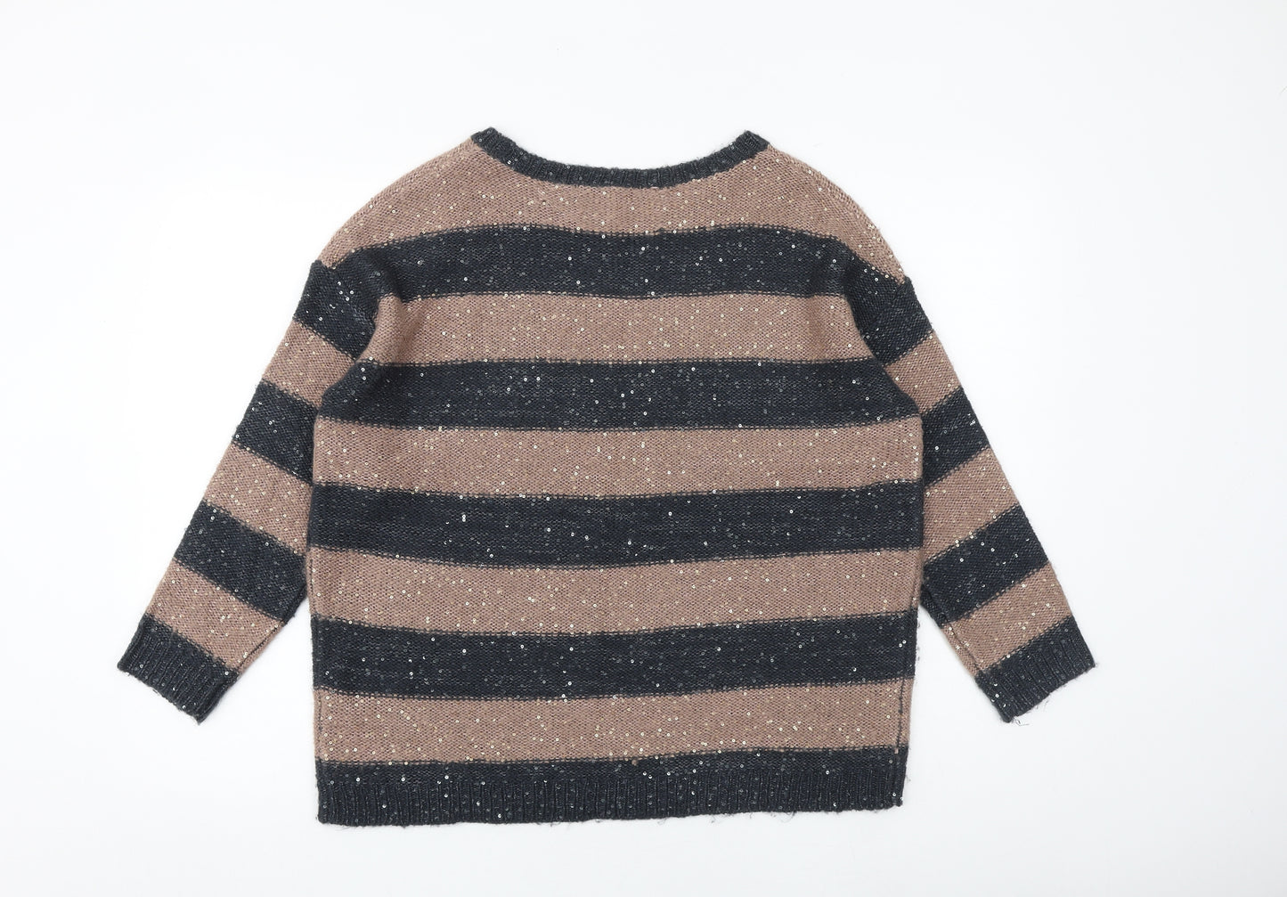 Marks and Spencer Womens Brown Round Neck Striped Acrylic Pullover Jumper Size 14