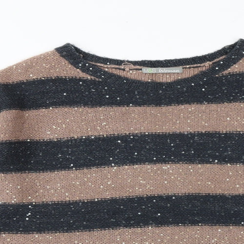 Marks and Spencer Womens Brown Round Neck Striped Acrylic Pullover Jumper Size 14