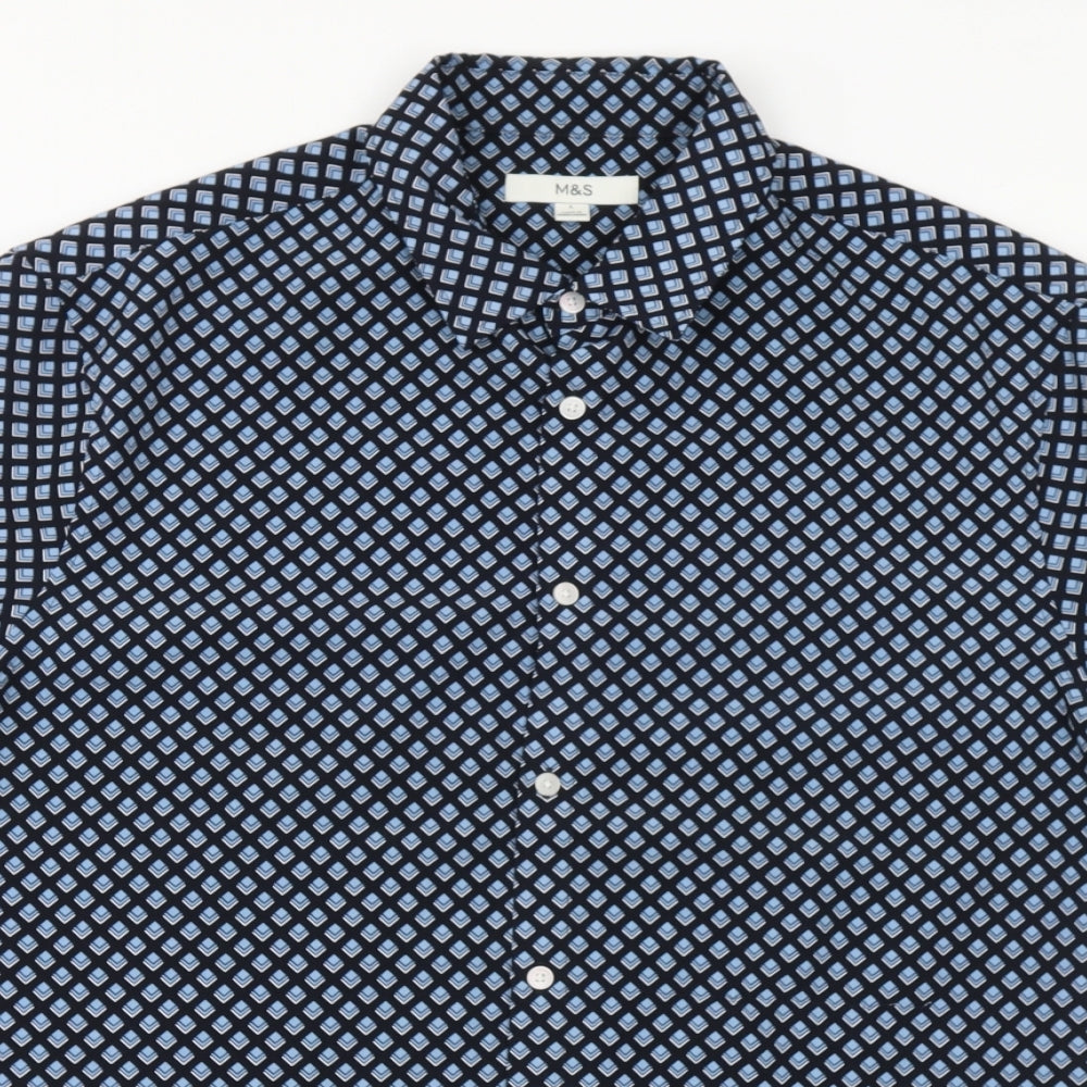 Marks and Spencer Mens Black Geometric Polyester Button-Up Size L Collared Button