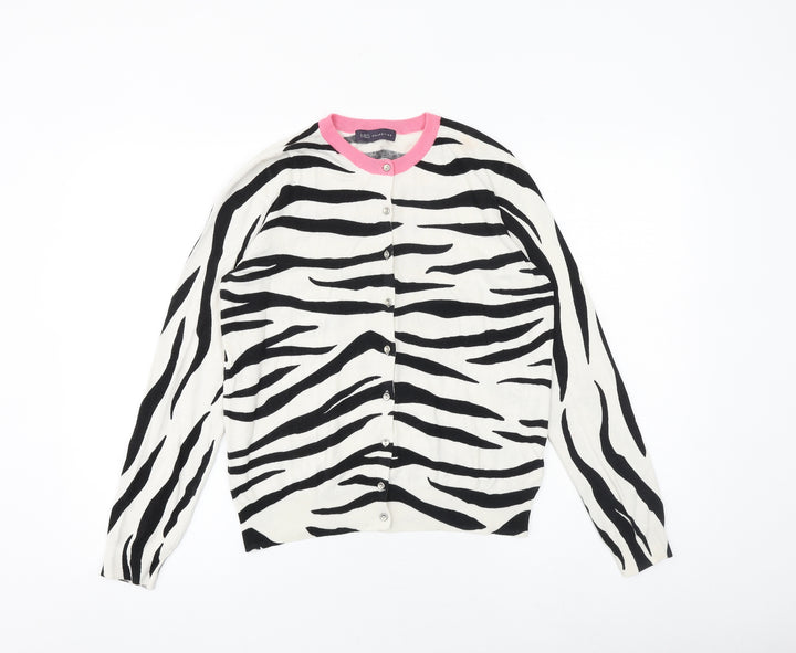 Marks and Spencer Womens Ivory Round Neck Animal Print Viscose Cardigan Jumper Size 14 - Zebra Print