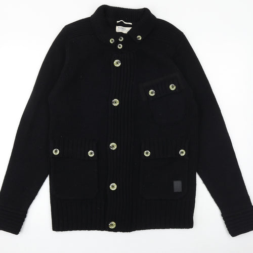 Voi Jeans Mens Black Collared Acrylic Cardigan Jumper Size M Long Sleeve - Elbow patches