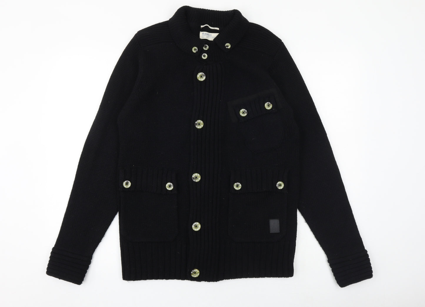 Voi Jeans Mens Black Collared Acrylic Cardigan Jumper Size M Long Sleeve - Elbow patches