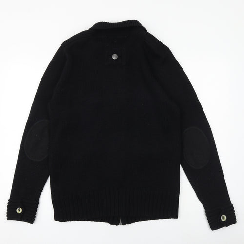 Voi Jeans Mens Black Collared Acrylic Cardigan Jumper Size M Long Sleeve - Elbow patches