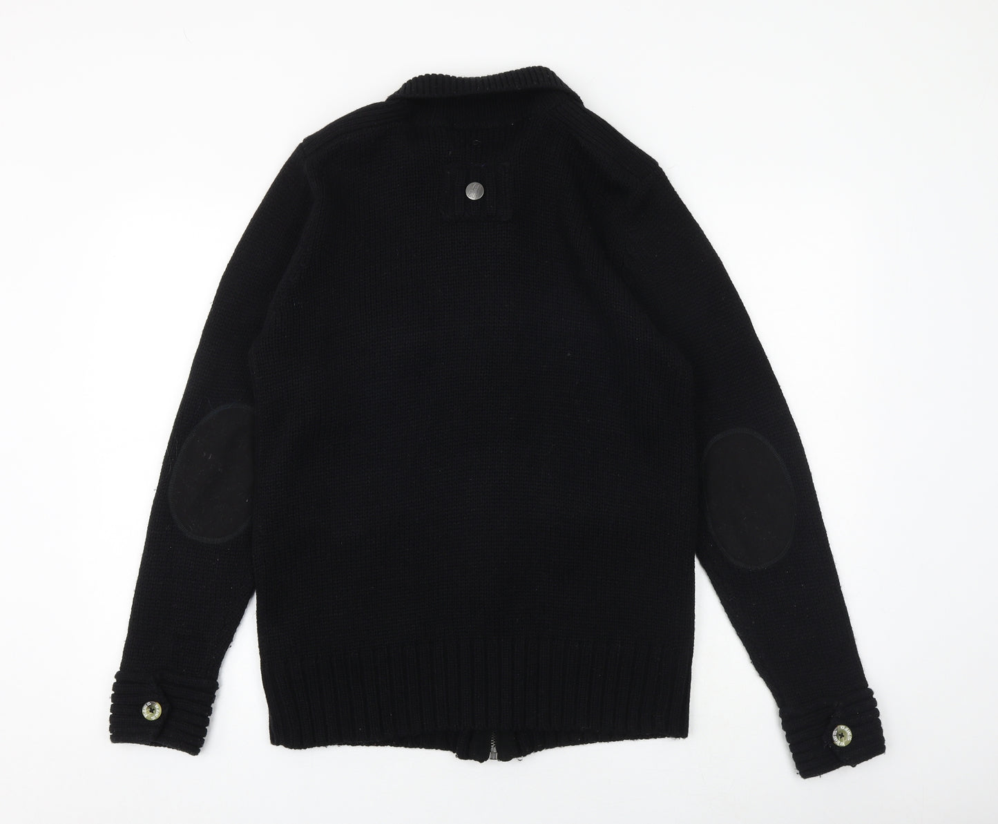 Voi Jeans Mens Black Collared Acrylic Cardigan Jumper Size M Long Sleeve - Elbow patches