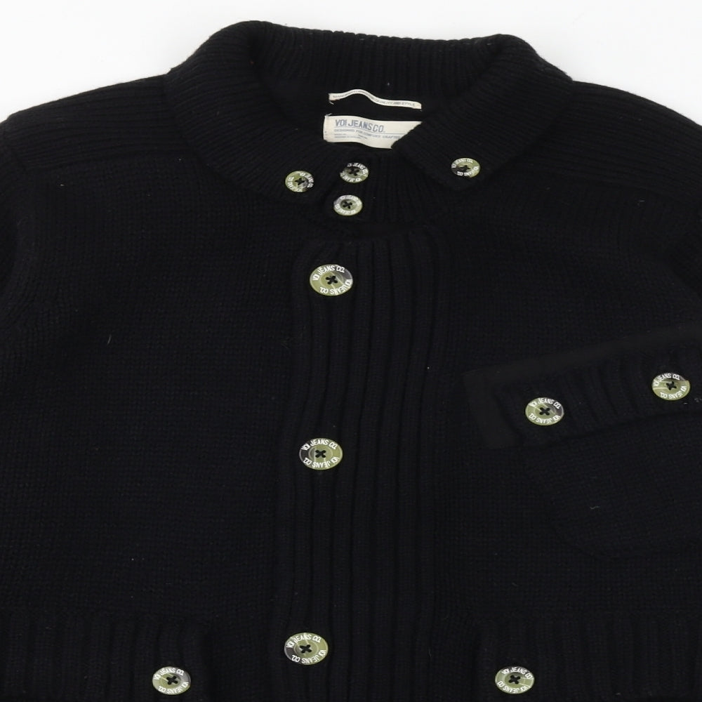 Voi Jeans Mens Black Collared Acrylic Cardigan Jumper Size M Long Sleeve - Elbow patches