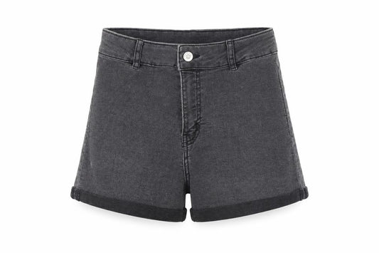 Front view of H&M women’s grey cotton boyfriend shorts, size UK 8, 3-inch leg regular zip