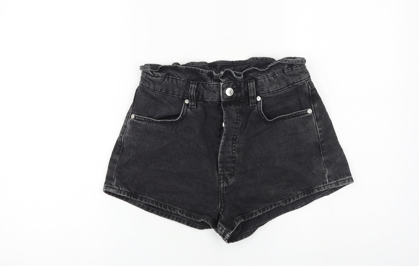 H&M Womens Black 100% Cotton Paperbag Shorts Size 8 Regular Button