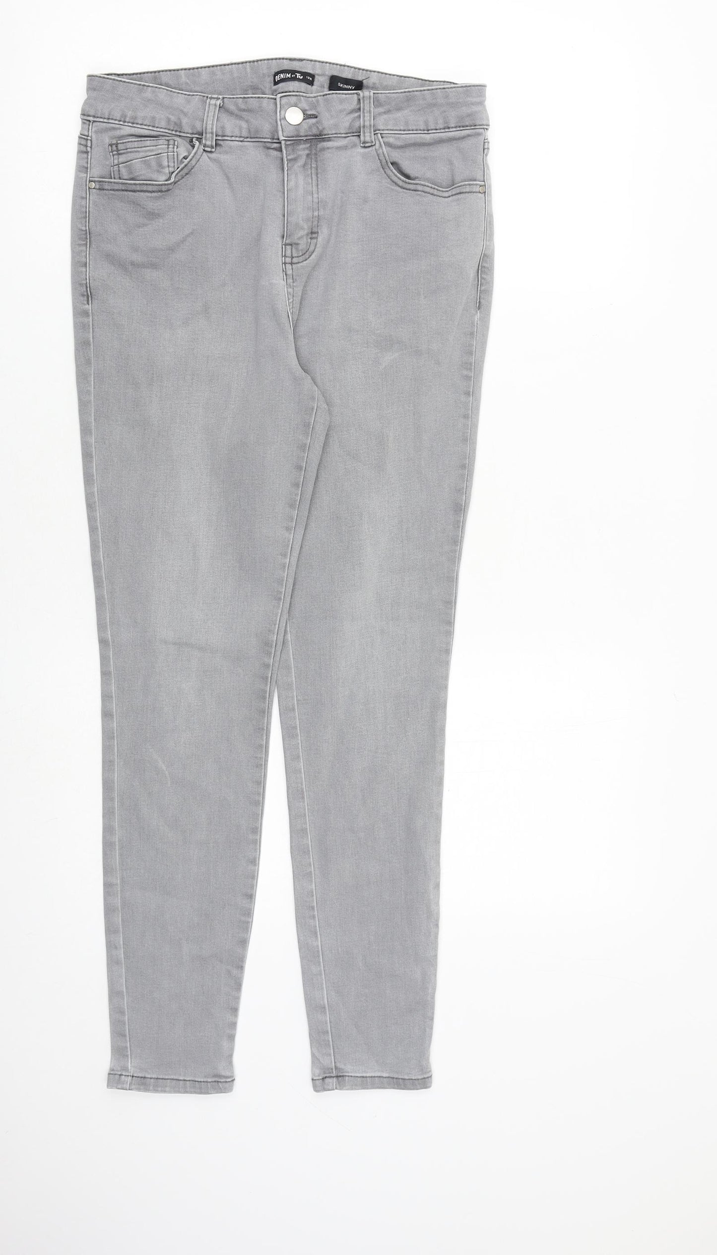 TU Womens Grey Herringbone Cotton Straight Jeans Size 12 L28 in Slim Zip