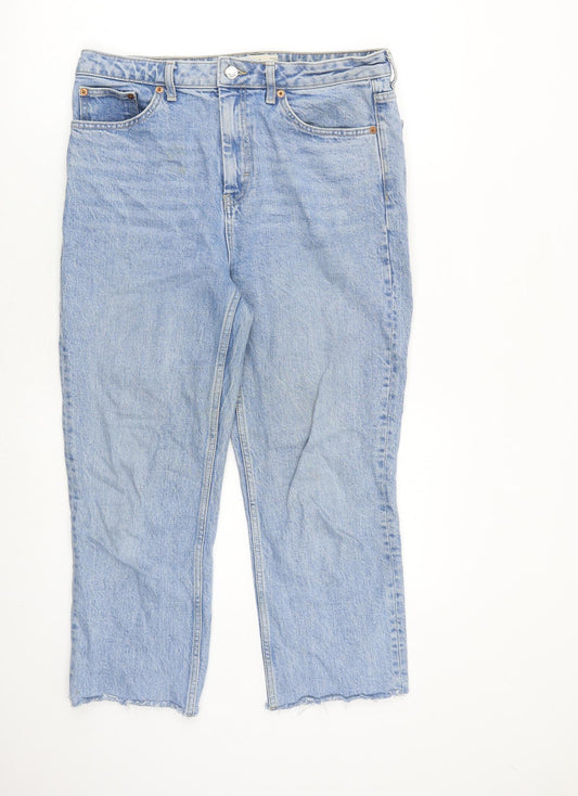 Front view of Topshop women’s blue cotton cropped jeans, size UK 32, in, 24-inch leg regular zip - raw hem