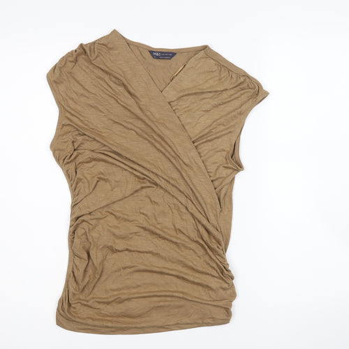 Marks and Spencer Womens Brown Modal Basic T-Shirt Size 12 V-Neck - Ruched