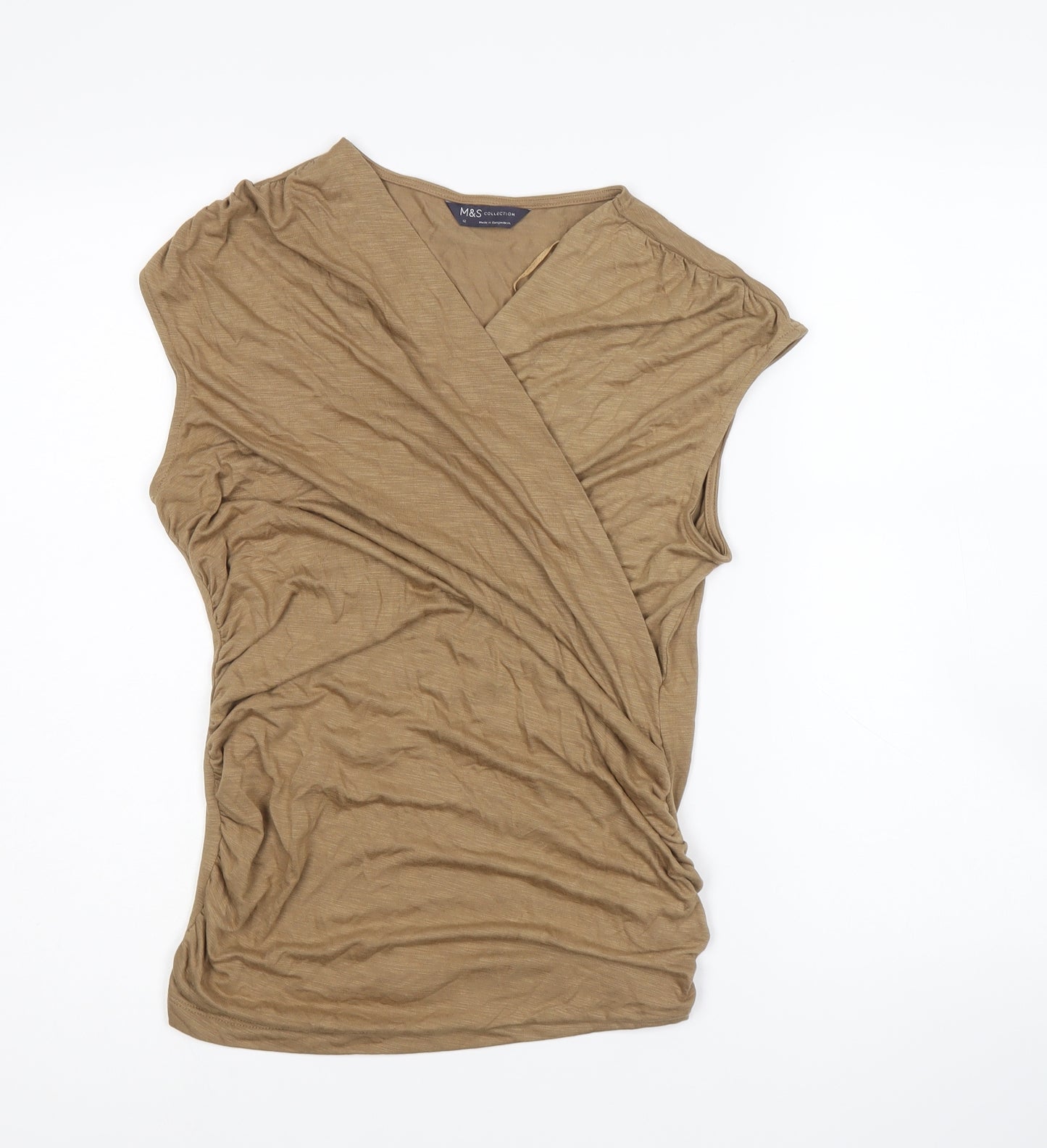 Marks and Spencer Womens Brown Modal Basic T-Shirt Size 12 V-Neck - Ruched