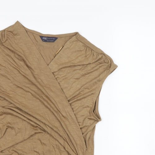 Marks and Spencer Womens Brown Modal Basic T-Shirt Size 12 V-Neck - Ruched