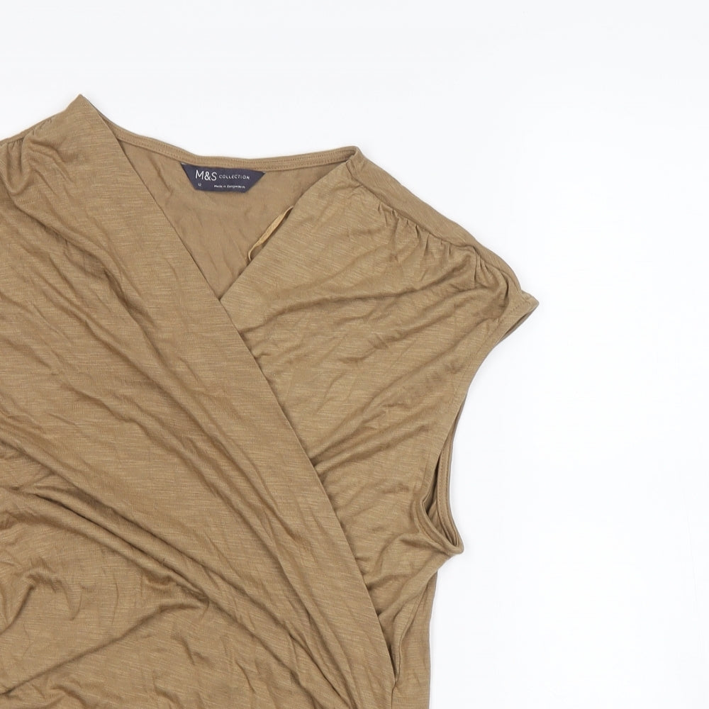 Marks and Spencer Womens Brown Modal Basic T-Shirt Size 12 V-Neck - Ruched