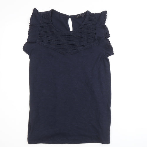 Marks and Spencer Womens Blue 100% Cotton Basic Blouse Size 6 Round Neck - Crochet Detail