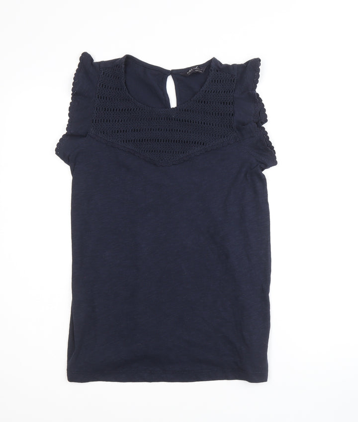 Marks and Spencer Womens Blue 100% Cotton Basic Blouse Size 6 Round Neck - Crochet Detail