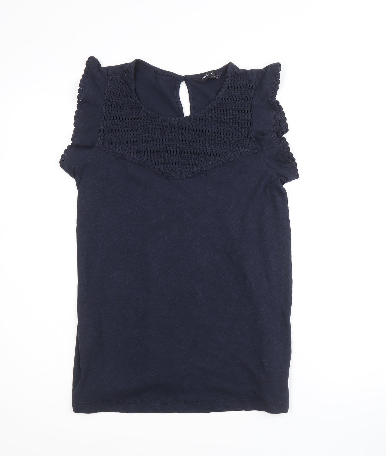 Marks and Spencer Womens Blue 100% Cotton Basic Blouse Size 6 Round Neck - Crochet Detail