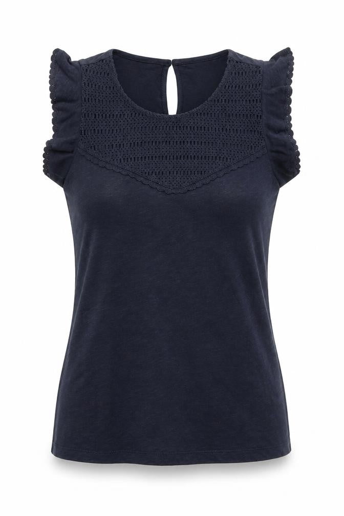 Marks and Spencer Womens Blue 100% Cotton Basic Blouse Size 6 Round Neck - Crochet Detail