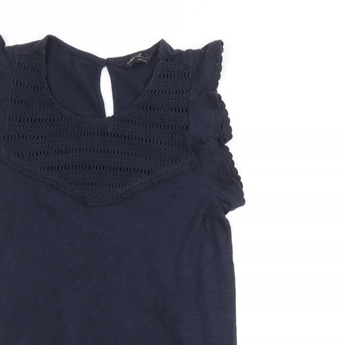 Marks and Spencer Womens Blue 100% Cotton Basic Blouse Size 6 Round Neck - Crochet Detail