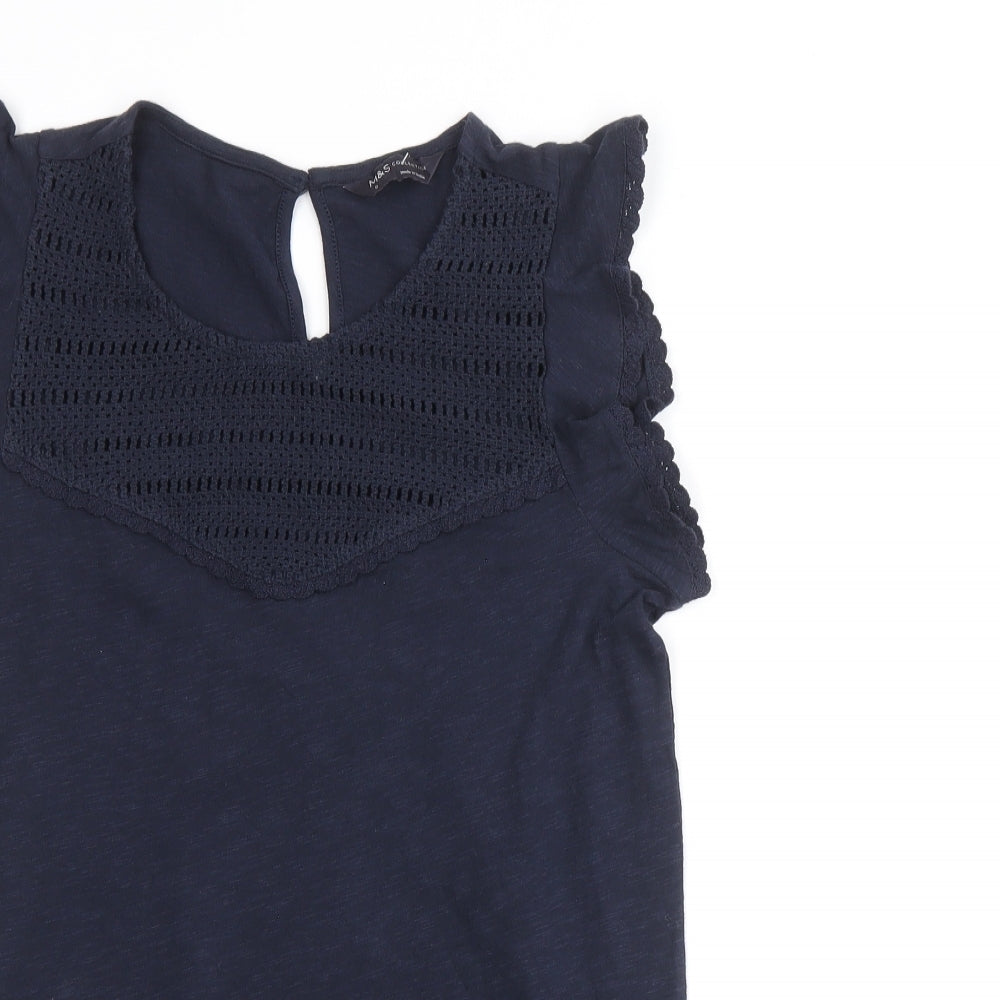 Marks and Spencer Womens Blue 100% Cotton Basic Blouse Size 6 Round Neck - Crochet Detail