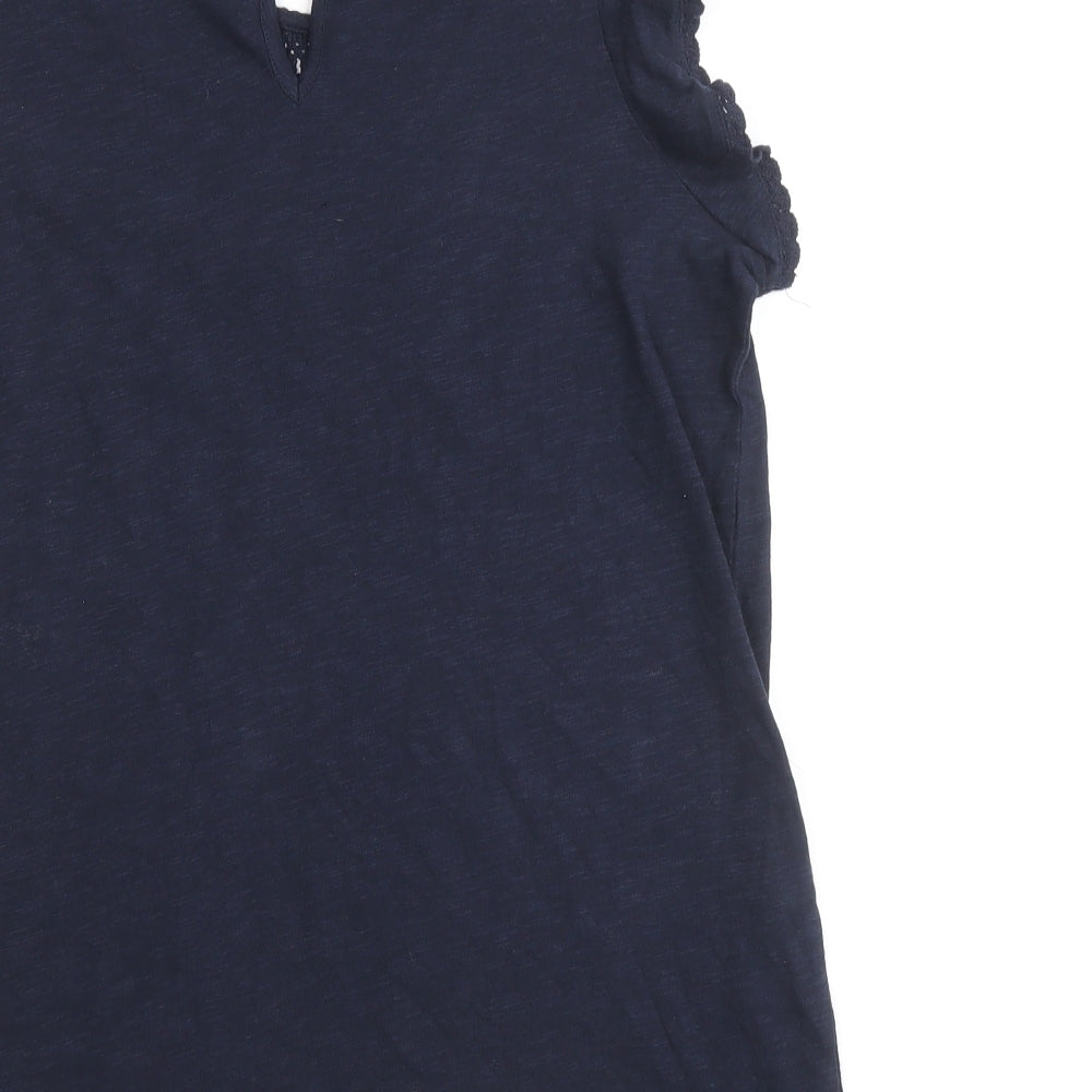 Marks and Spencer Womens Blue 100% Cotton Basic Blouse Size 6 Round Neck - Crochet Detail