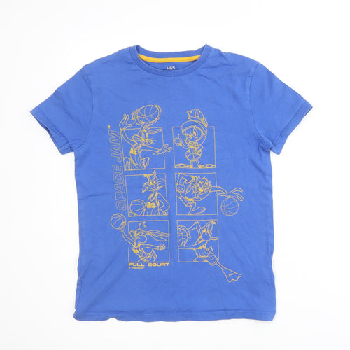 Marks and Spencer Boys Blue 100% Cotton Basic T-Shirt Size 9-10 Years Round Neck Pullover - Space Jam