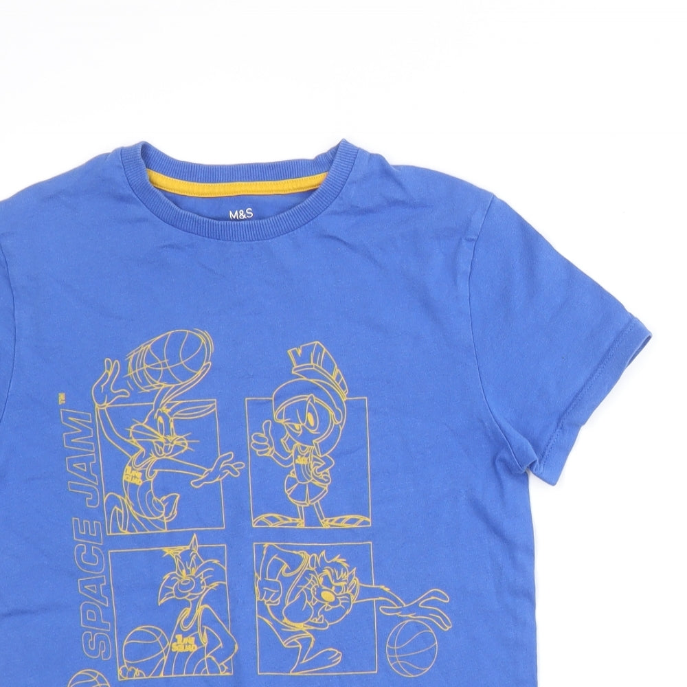 Marks and Spencer Boys Blue 100% Cotton Basic T-Shirt Size 9-10 Years Round Neck Pullover - Space Jam