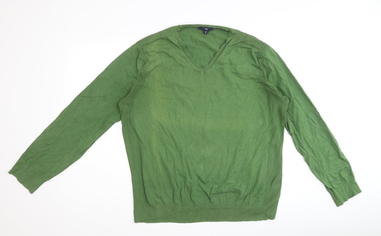 Gap Mens Green V-Neck Cotton Pullover Jumper Size XL Long Sleeve
