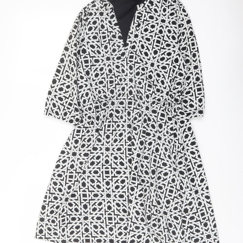 Yumi Womens Black Geometric Polyester A-Line Size 10 V-Neck Pullover