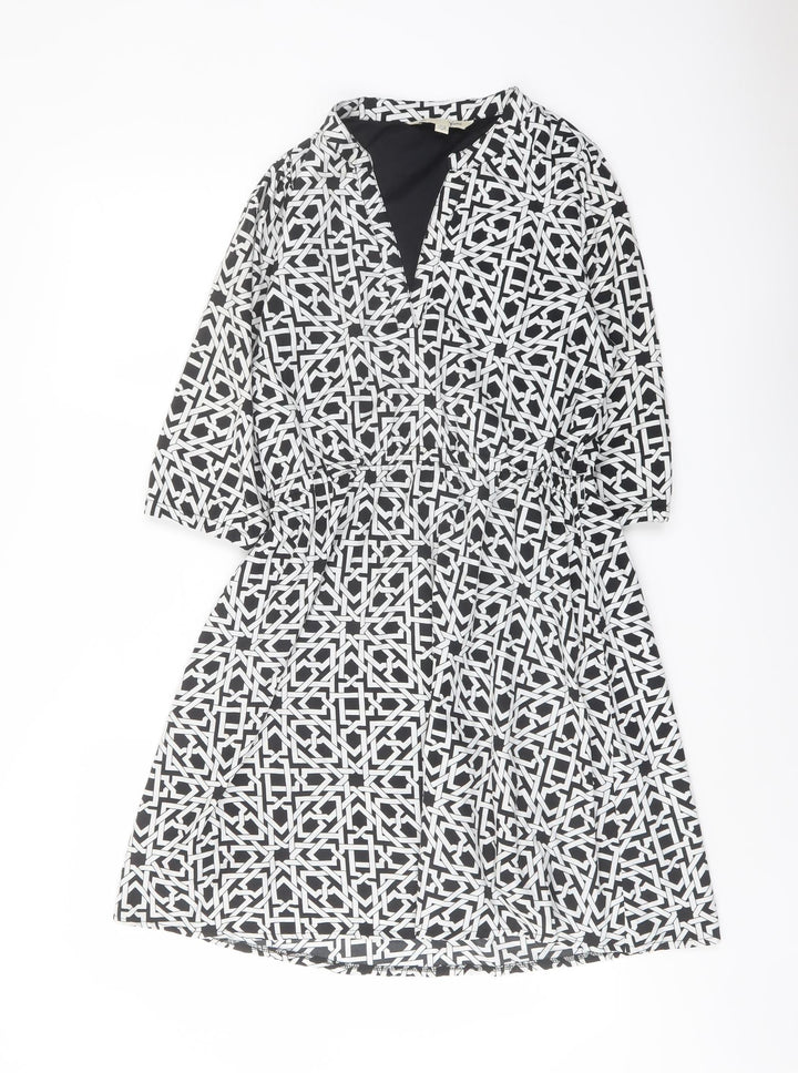 Yumi Womens Black Geometric Polyester A-Line Size 10 V-Neck Pullover