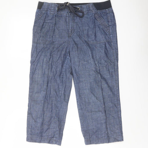 Debenhams Womens Blue Cotton Cropped Trousers Size 12 L20 in Regular Button