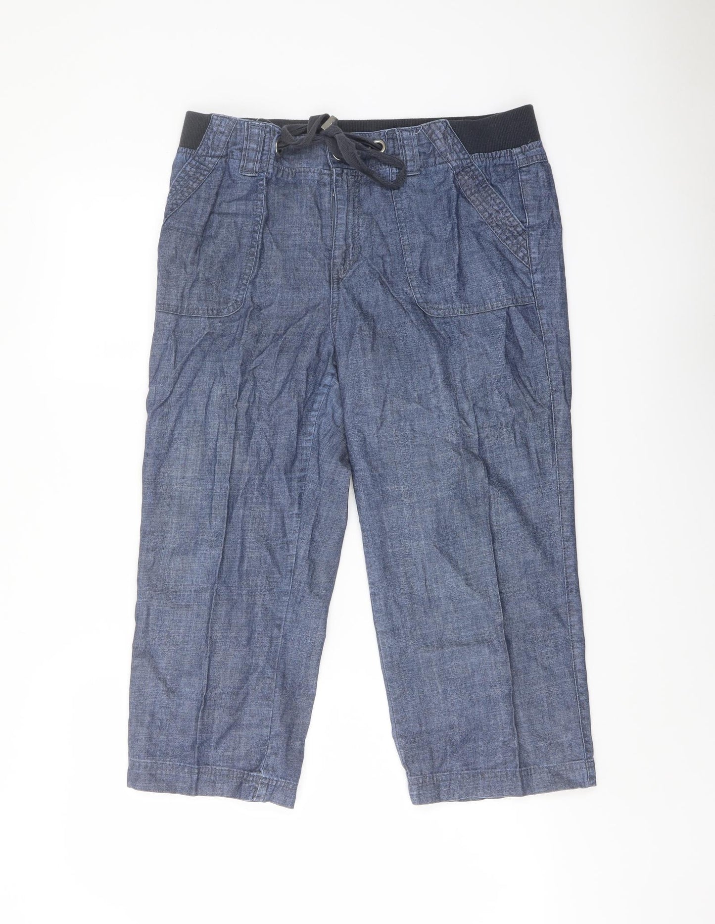Debenhams Womens Blue Cotton Cropped Trousers Size 12 L20 in Regular Button