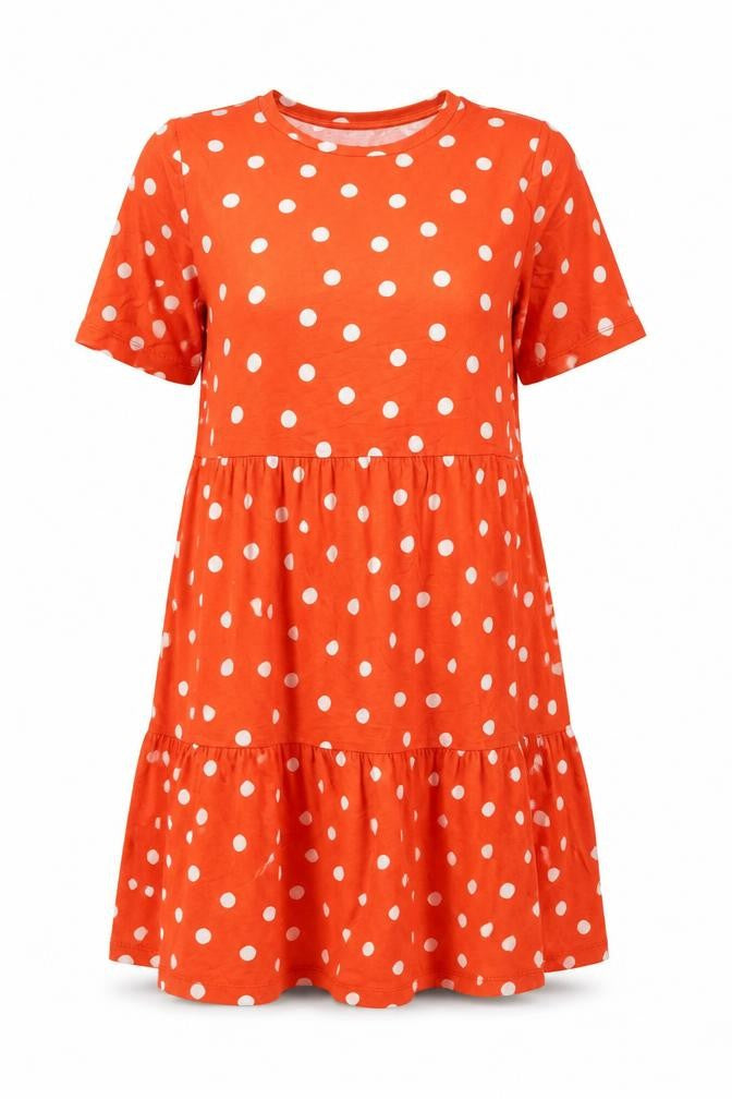 Front view of Marks & Spencer women’s orange polka dot viscose trapeze & swing, size UK 10, round neck pullover