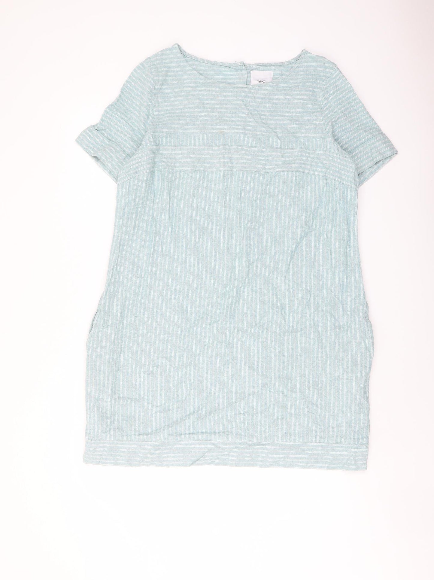 NEXT Womens Blue Striped Linen A-Line Size 18 Round Neck Button