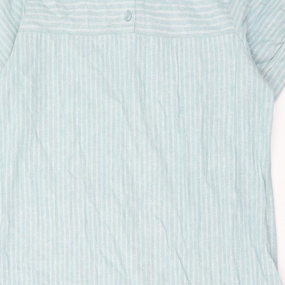 NEXT Womens Blue Striped Linen A-Line Size 18 Round Neck Button