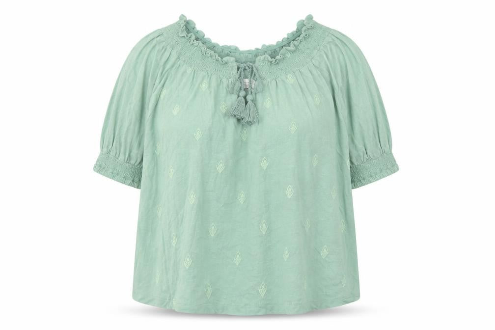Front view of Lucky Brand women’s green polyester basic blouse, size L, round neck