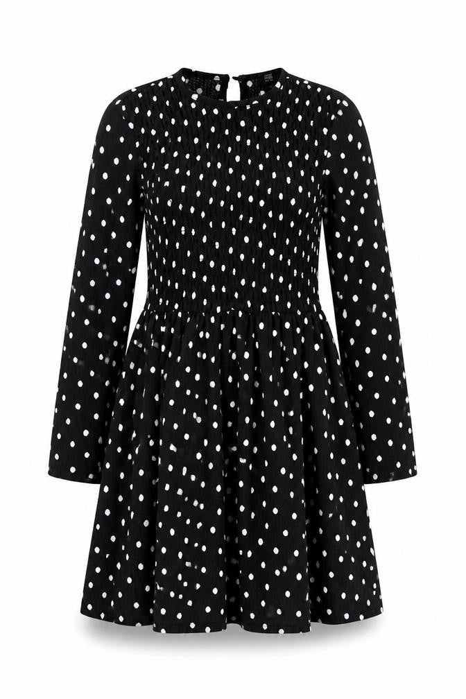 Front view of River Island women’s black polka dot polyester trapeze & swing, size UK 8, round neck button