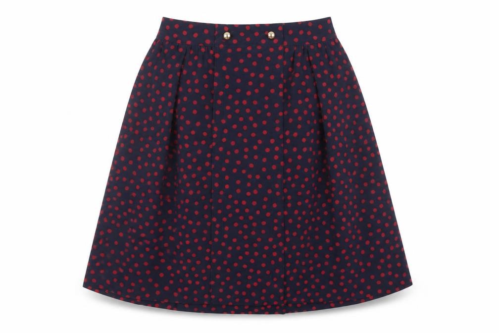 Front view of Comme CA ISM women’s blue geometric polyester tulip skirt, size L, zip