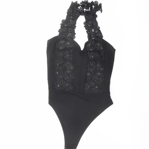 Lipsy Womens Black Polyester Bodysuit One-Piece Size 8 Snap - Lace Neckline