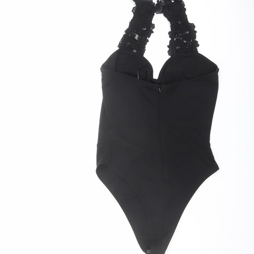 Lipsy Womens Black Polyester Bodysuit One-Piece Size 8 Snap - Lace Neckline