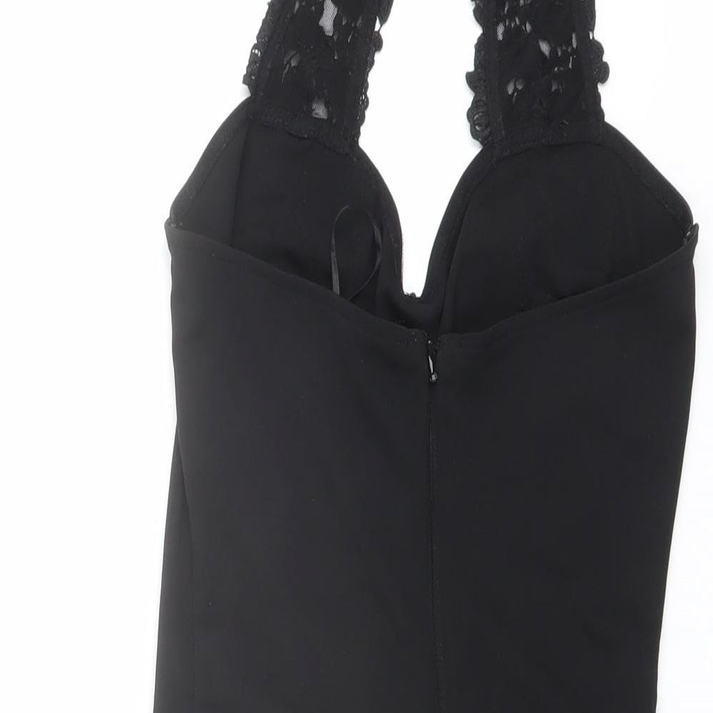 Lipsy Womens Black Polyester Bodysuit One-Piece Size 8 Snap - Lace Neckline