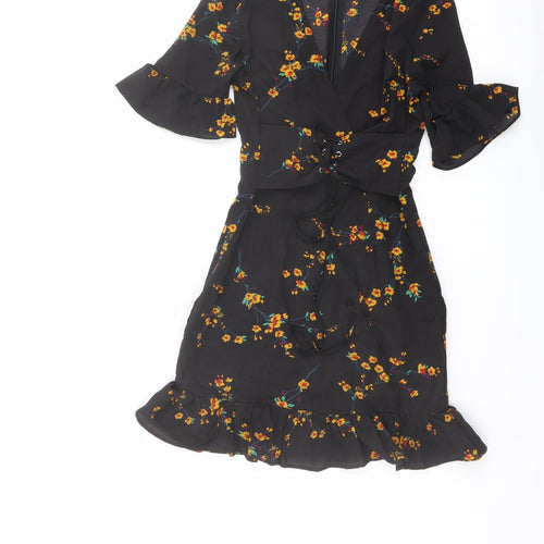 PRETTYLITTLETHING Womens Black Floral Polyester Mini Size 4 V-Neck Zip