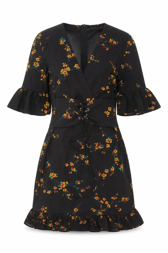 Front view of PRETTYLITTLETHING women’s black floral polyester mini, size UK 4, v-neck zip